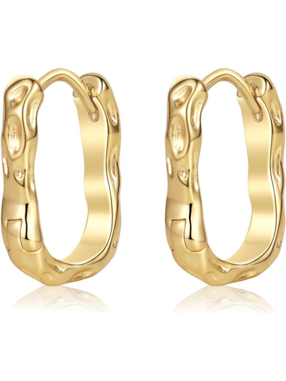 Women's 14k Gold Plated Oval Huggie Hammered Textured Chunky Hoop Earring